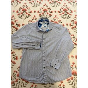 Thomas Sterling Mens Blue White Geometric Print Cotton Button Down Shirt Large